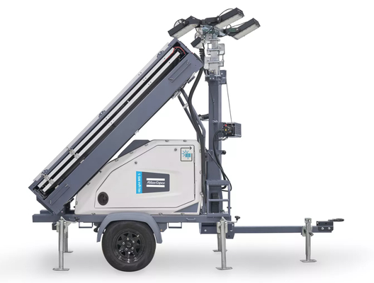 HiLight MS5 Electric Light Tower met een afmeting van 2,29 X 1,12 X 2,68 M en 4 X 150 Watt